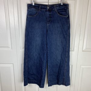 Pilcro Anthropologie 31 Jeans Wide Leg High Rise Blue Denim Dark Crop Cropped